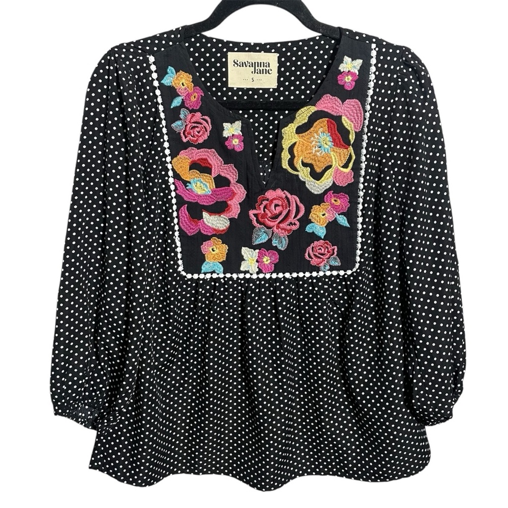 Savanna Jane Black Polka Dot Floral Embroidered Blouse BOHO